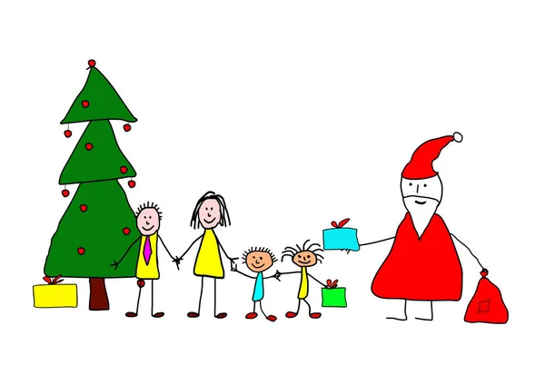 Koncepcja Świąteczna Narysowana Przez Dziecko Święty Mikołaj Przybył Daje Prezenty — Zdjęcie stockowe