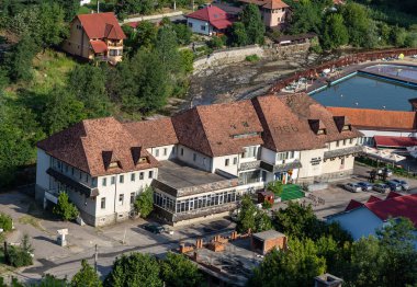 Baile Sacelu, Gorj County, Romania  July 24, 2022: The headquarters of the treatment base in Baile Sacelu resort, Gorj, Romania