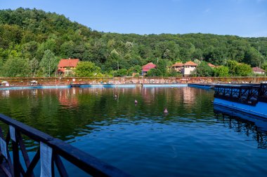 Baile Sacelu, Gorj County, Romania  July 24, 2022: View from inside the treatment base - the pools with therapeutic mud in Baile Sacelu resort, Gorj, Romania