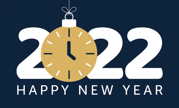 2022年あけましておめでとうございます 2022フラットと漫画スタイルで黒の背景イラストに青い時計のボールと新年 — ストックベクタ
