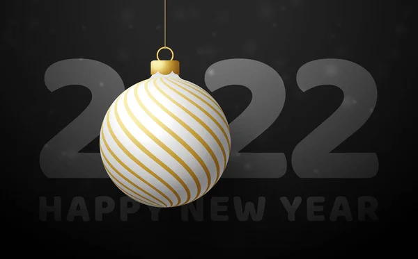 2022年あけましておめでとうございます ロイヤルブラックの背景に白と金のクリスマスツリーボールと豪華なグリーティングカード ベクターイラスト — ストックベクタ