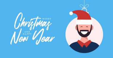 Noel Baba şapkalı sevimli karakterli adamla Noel baloları. Mutlu Noeller ve mutlu yıllar tebrik kartı afişi Çizgi film kış tatili