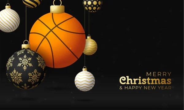 Рождественская Открытка Открытка Рождественским Спортом Держите Нитке Баскетбольный Мяч Шар — стоковый вектор