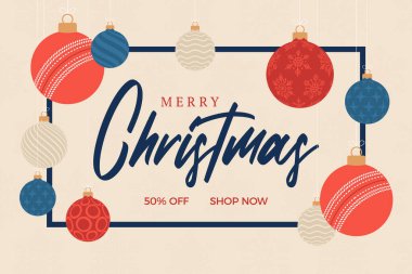 Kriket Noel tebrik kartı. Mutlu Noeller ve mutlu yıllar düz çizgi film spor afişi. Arka planda kriket topu var. Vektör illüstrasyonu.