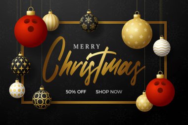 Bowling Noel kartı. Mutlu Noeller spor tebrik kartı. İpli bir bowling topunu Xmas topu ve siyah yatay arka planda altın mücevher olarak tutun. Spor Vektörü illüstrasyonu.