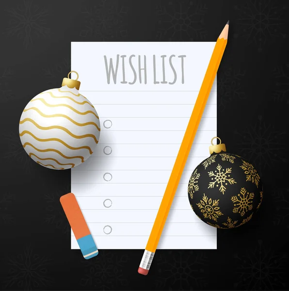 New year wish plan list. New year goals list. 2022 resolutions text on notepad. Action plan. Pencils and realistic tree ball bauble gold and black