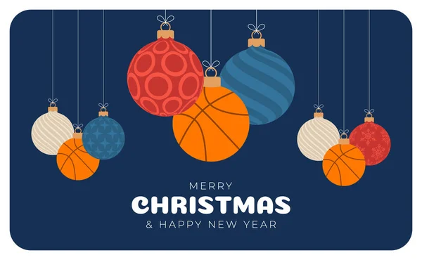 Рождественская Открытка Баскетбола Новым Годом Рождеством Христовым Плоский Мультяшный Спортивный — стоковый вектор
