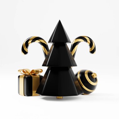 Lüks Noel 3D pankart ya da tebrik kartı. Modern Minimal Yeni Yıl ve Noel Altın ve Siyah Dekorasyon Ağaç, şeker, top, beyaz arka planda hediye kutusu