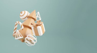 Kırmızı hediye kutusu ve top yeşili arka planı olan 3 boyutlu Noel ağacı, Xmas posteri, web afişi. 3D resimleme en düşük stil noel ve yeni yıl konsepti