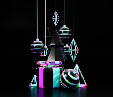 Mutlu Noeller ve mutlu yeni yıl holografik element 3 boyutlu yorumlama konsepti. Noel zarafeti ve holografik trend tasarımı Xmas çam ağacı tebrik kartı, pankart veya poster için