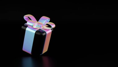 Noel holografik hediye kutusu. Yaratıcı indirim konsepti, bayram hediyesi teklifi, bayram satış illüstrasyonu, düşen holografik hediye kutuları 3D resimleme. Minimum hediye hediye pankartı