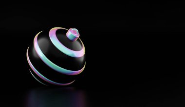 Mutlu noeller ve siyah arka planda yeni yıl holografik balosu. Holografik neon ışıkta parlayan beyaz noel balosunun 3 boyutlu yansıması izole edildi