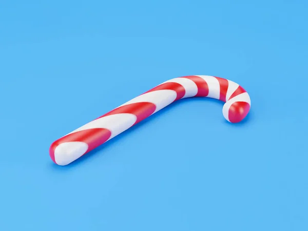 メリークリスマスの缶 青い背景に赤いストライプのロリポップミントキャンディ 新年のお祝いの概念 伝統的な甘いデザート 3Dレンダリング — ストック写真