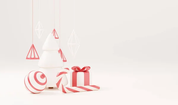 Árvore Natal Com Caixa Presente Vermelho Bola Fundo Branco Cartaz — Fotografia de Stock