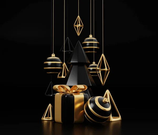 奢华的圣诞节3D渲染横幅或贺卡 现代最小新年和圣诞金色和黑色装饰与树 礼物盒黑色背景 — 图库照片