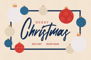 Golf Noel indirimi afişi. Mutlu Noeller ve mutlu yıllar düz çizgi film spor afişi. Arka planda bir Xmas topu olarak golf topu. Vektör illüstrasyonu.