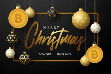 Mutlu Noeller altın bitcoin sembolü afişi. Bitcoin işareti, noel hediyesi olarak takılan balo tebrik kartı. Xmas için vektör imajı, finans, yeni yıl günü, bankacılık, para