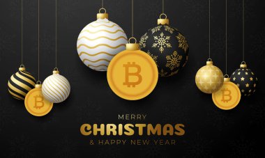 Mutlu Noeller altın bitcoin sembolü afişi. Bitcoin işareti, noel hediyesi olarak takılan balo tebrik kartı. Xmas için vektör imajı, finans, yeni yıl günü, bankacılık, para
