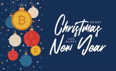 Mutlu Noeller bitcoin sembolü afişi. Bitcoin işareti, noel hediyesi olarak takılan balo tebrik kartı. Xmas için vektör imajı, finans, yeni yıl günü, bankacılık, para