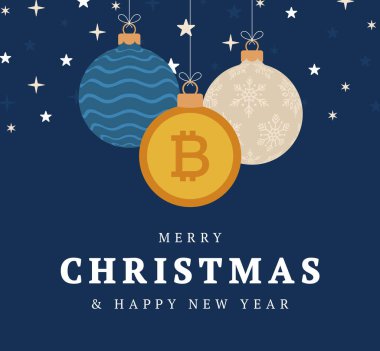 Mutlu Noeller bitcoin sembolü afişi. Bitcoin işareti, noel hediyesi olarak takılan balo tebrik kartı. Xmas için vektör imajı, finans, yeni yıl günü, bankacılık, para