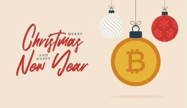 Mutlu Noeller bitcoin sembolü afişi. Bitcoin işareti, noel hediyesi olarak takılan balo tebrik kartı. Xmas için vektör imajı, finans, yeni yıl günü, bankacılık, para