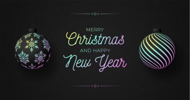 Noel tebrik kartı Holografik folyo mücevher topu. Mutlu Noeller ve yeni yıl afişi. Yanardöner gerçekçi, neşeli, gradyan holografik, neon renkli. Vektör illüstrasyonu