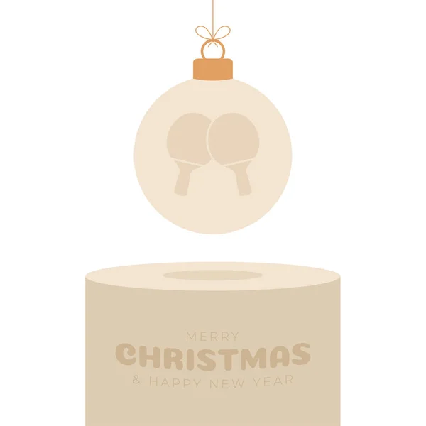 Ping pong Christmas bauble pedestal. Merry Christmas sport greeting card. Hang on a thread table tennis ball as a xmas ball on golden podium on black background. Sport Vector illustration.