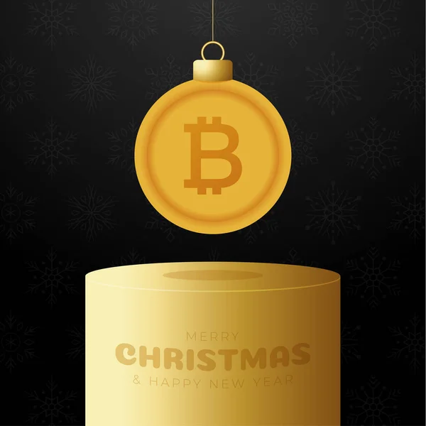 Bitcoin Navidad Bauble Pedestal Feliz Navidad Tarjeta Felicitación Dinero Cuelga — Vector de stock