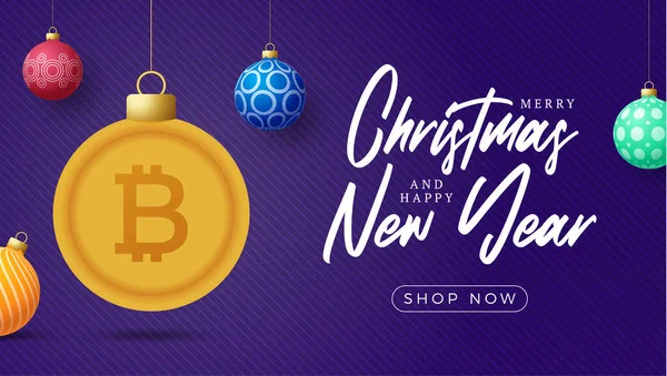 Feliz Navidad Oro Bitcoin Símbolo Bandera Signo Bitcoin Como Tarjeta — Vector de stock