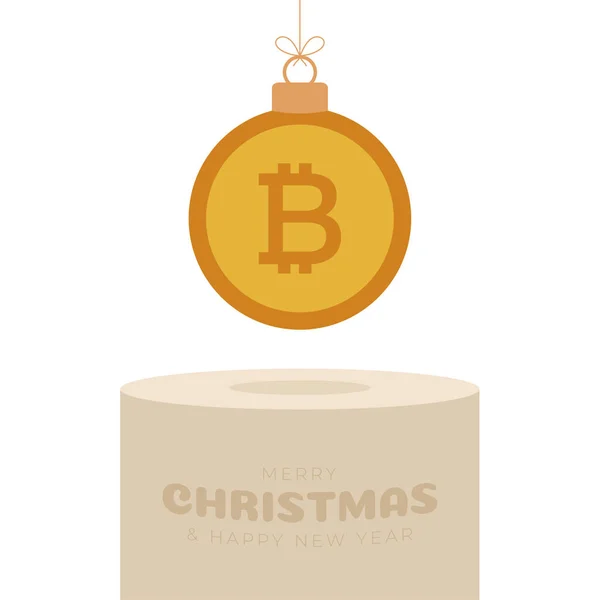 Bitcoin Navidad Bauble Pedestal Feliz Navidad Tarjeta Felicitación Dinero Cuelga — Vector de stock