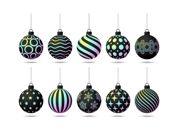 Bolas Natal Coleção Bolas Natal Holográficas Realistas Com Diferentes Padrões — Vetor de Stock