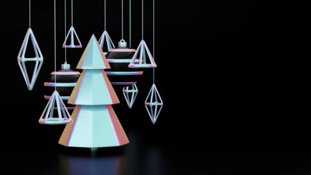 Vrolijk kerstfeest animatie. Kerstboom Roterend met opknoping elegante kerst holografische avond bal en decoratie elemets op de vakantie zwarte achtergrond. Looped motion 3d renderen video animatie — Stockvideo