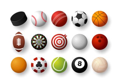 Spor ekipmanları hazır. Gerçekçi spor topları vektör kümesi beyaz arkaplan üzerinde izole