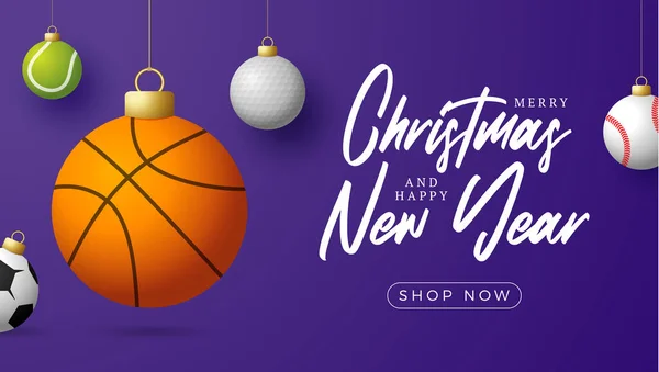 クリスマスセールのバナーをスポーツ スポーツ野球 バスケットボール サッカー テニスボール付きのクリスマスカードは 紫色の現代的な背景に糸にかかっています ベクトルイラスト テキストの場所 — ストックベクタ