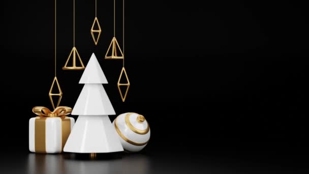 Veselá vánoční animace. Bílý vánoční stromeček rotující s věšením zlatý vánoční večer dekorace elemets s dárkem a míčem na prázdninové černé pozadí. Smyčka pohybu 3D vykreslování animace videa. — Stock video