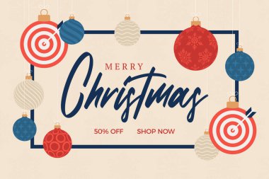 Christmas Target Dash indirim kartı. Mutlu Noeller spor tebrik kartı. Xmas topu olarak bir ip üzerinde dur ve yatay arka planda takılı kal. Spor Vektörü illüstrasyonu.