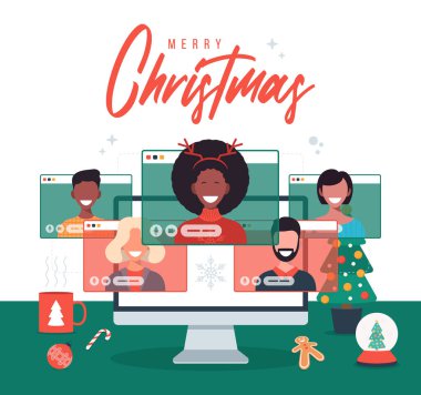 Çevrimiçi noel partisi. İnsanlar Noel ve Yeni Yıl 'ı evde kutlayan videoları karantinaya aldılar ve Noel ağacı, fincan ve düz vektör resimleriyle dekore ettiler.