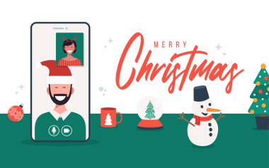 Online Christmas celebration illustration on phone. Merry Christmas party new normal concept with conference. A group of people in winter suits meet online via video conference. clipart