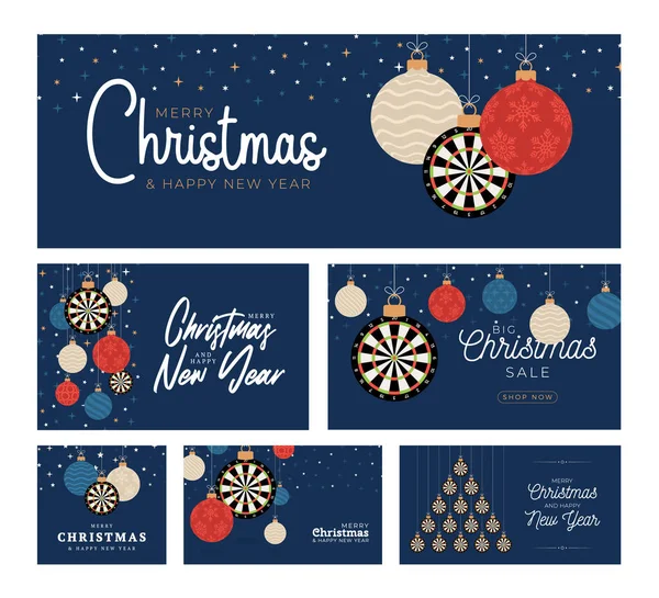 Dart Weihnachtskarten Set Vorhanden Frohe Weihnachten Sport Flache Grußkarte Hängen — Stockvektor