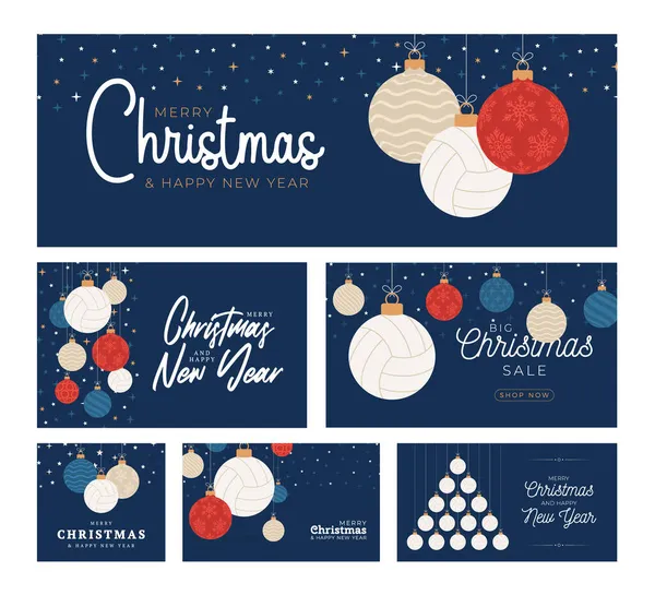 Volleyball Weihnachtskarten Set Vorhanden Frohe Weihnachten Sport Flache Grußkarte Hängen — Stockvektor