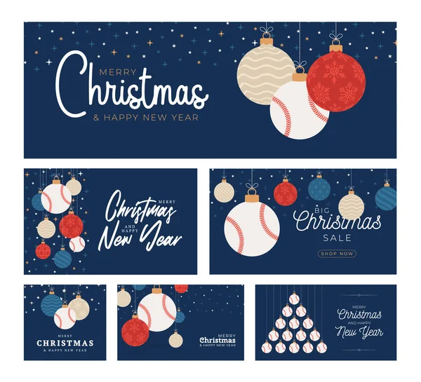 Baseball Weihnachtskarten Set Vorhanden Frohe Weihnachten Sport Flache Grußkarte Hängen — Stockvektor
