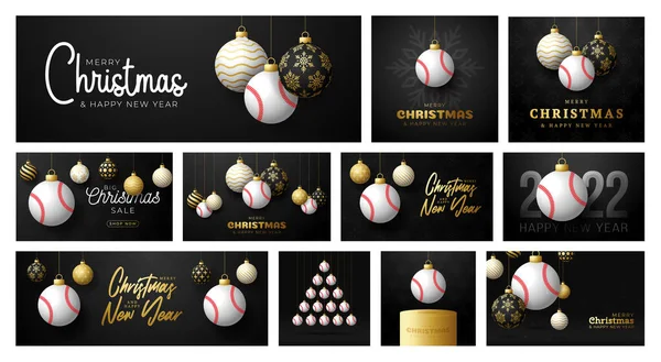 Baseball Weihnachtskarten Set Vorhanden Frohe Weihnachten Sport Grußkarte Hängen Sie — Stockvektor