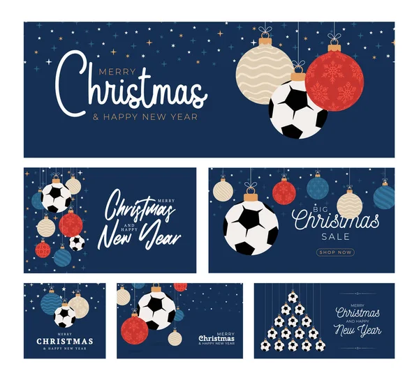 Fußball Weihnachtskarten Set Vorhanden Frohe Weihnachten Sport Flache Grußkarte Hängen — Stockvektor