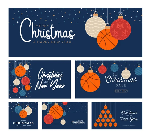 Basketball Weihnachtskarten Set Vorhanden Frohe Weihnachten Sport Flache Grußkarte Hängen — Stockvektor