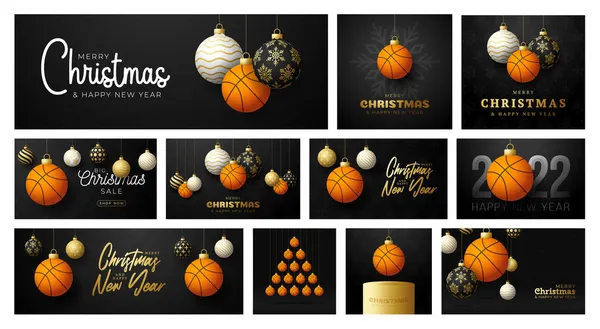 Basketball Weihnachtskarten Set Vorhanden Frohe Weihnachten Sport Grußkarte Hängen Sie — Stockvektor