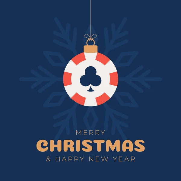 ポーカークリスマスカード メリークリスマススポーツグリーティングカード 黒の背景にクリスマスボールと黄金の泡としてスレッドポーカーチップにハングアップします スポーツベクトルイラスト — ストックベクタ