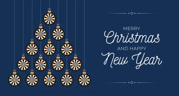 ダーツクリスマスと新年の挨拶カードバブルツリー クリスマスと新年のお祝いのために黒の背景にダーツボードで作られた創造的なクリスマスツリー スポーツグリーティングカード — ストックベクタ