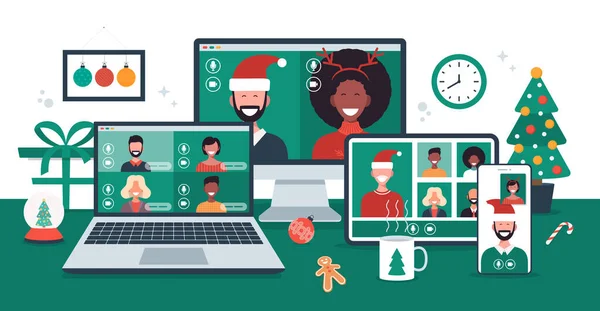 Sambutan Online Natal Orang Orang Bertemu Secara Online Bersama Sama - Stok Vektor
