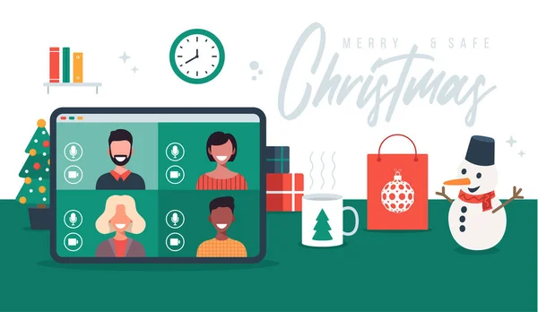 Illustration Célébration Noël Ligne Sur Tablette Joyeux Noël Fête Nouveau — Image vectorielle