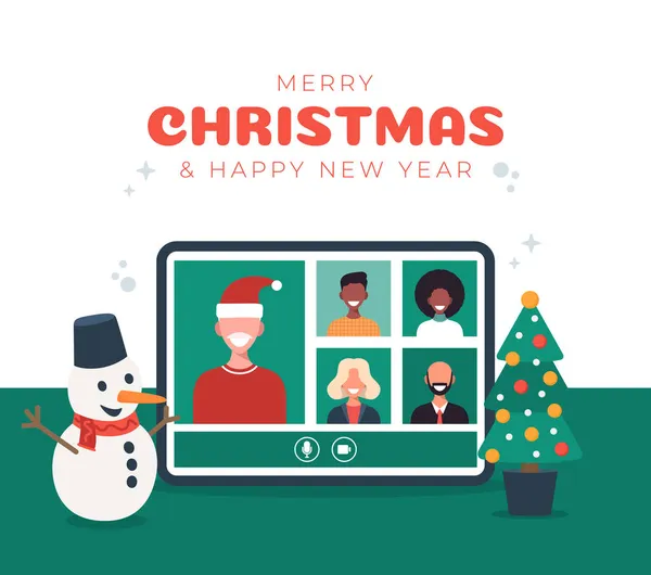 平板电脑上的网上圣诞庆祝图解 祝圣诞晚会在会议上有了新的正常概念 一群穿着冬装的人通过视频会议在网上相遇 — 图库矢量图片